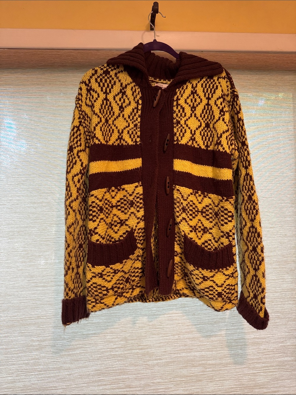BDG Hooded Toggle Cardigan in Mustard and Brown